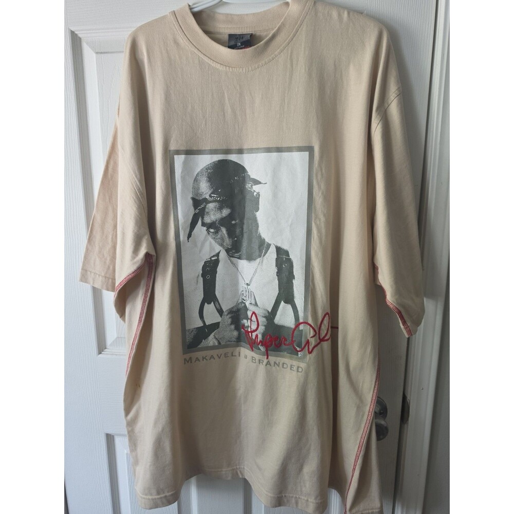 Y2K Vintage Makaveli Branded Tupac Shakur Graphic T-Shirt Beige 2X Embroidered